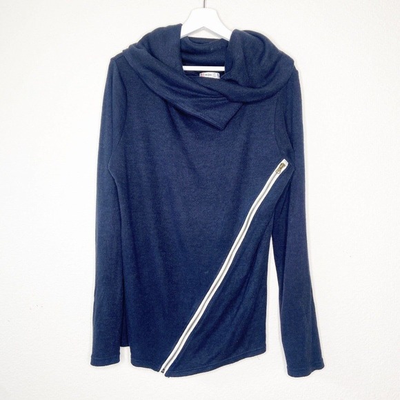 H2H Asymmetrical Cowl Neck Zipper Detail Navy Sweater Sz M - Picture 2 of 10